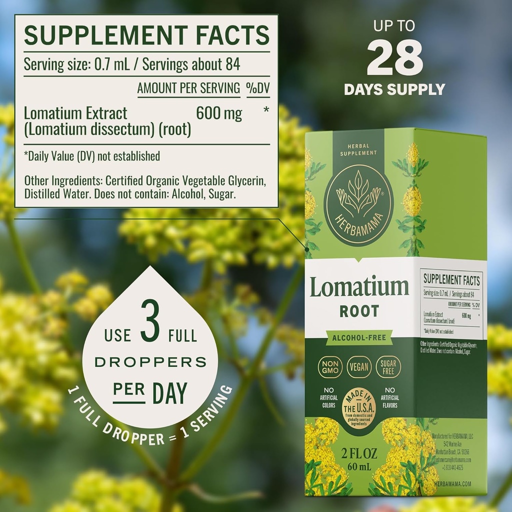 HERBAMAMA Lomatium Root Tincture - Vegan Lomatium Dissectum Extract for Lung Detox & Cleanse - Non-GMO, Alcohol & Sugar-Free Respiratory Lung Support Supplement, 28-Day Supply 4