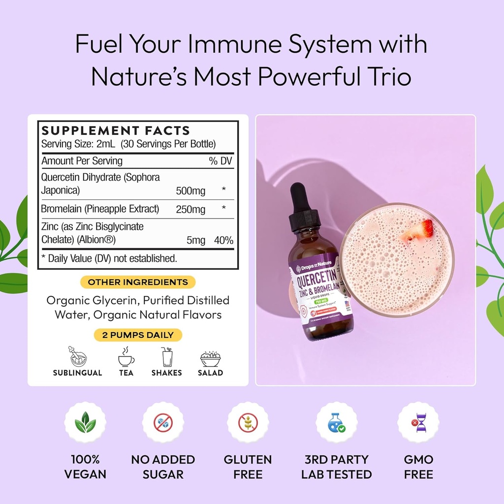 Quercetin with Bromelain & Zinc (5mg) Liquid Drops – Immune Support for Adults & Kids – Ultra-Concentrated Bioflavonoids – Immune Defense – Cellular Health – Vegan, Non-GMO, Gluten Free – 2 Fl Oz 5