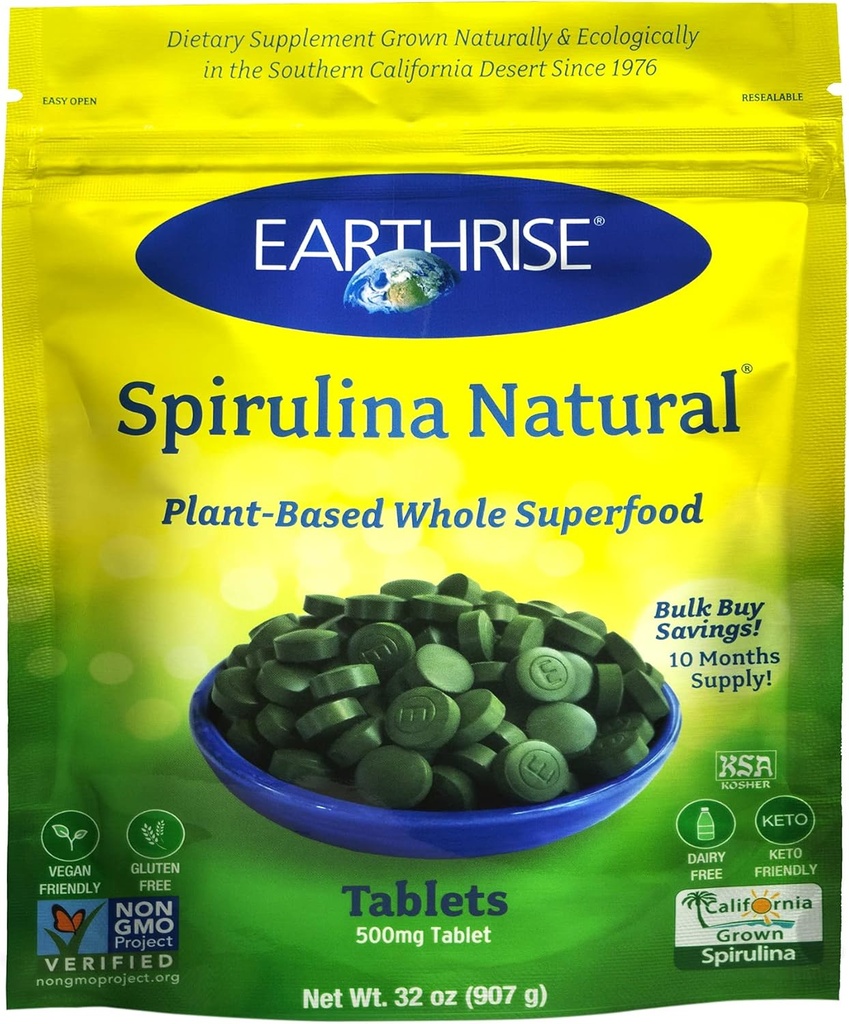 Earthrise Spirulina, Pure Californian Spirulina 500 mg, Vegan, Gluten Free, Keto Friendly, Non -GMO Super Food high in Vitamins & Minerals, 2LB Tablets (300 Serving) 2