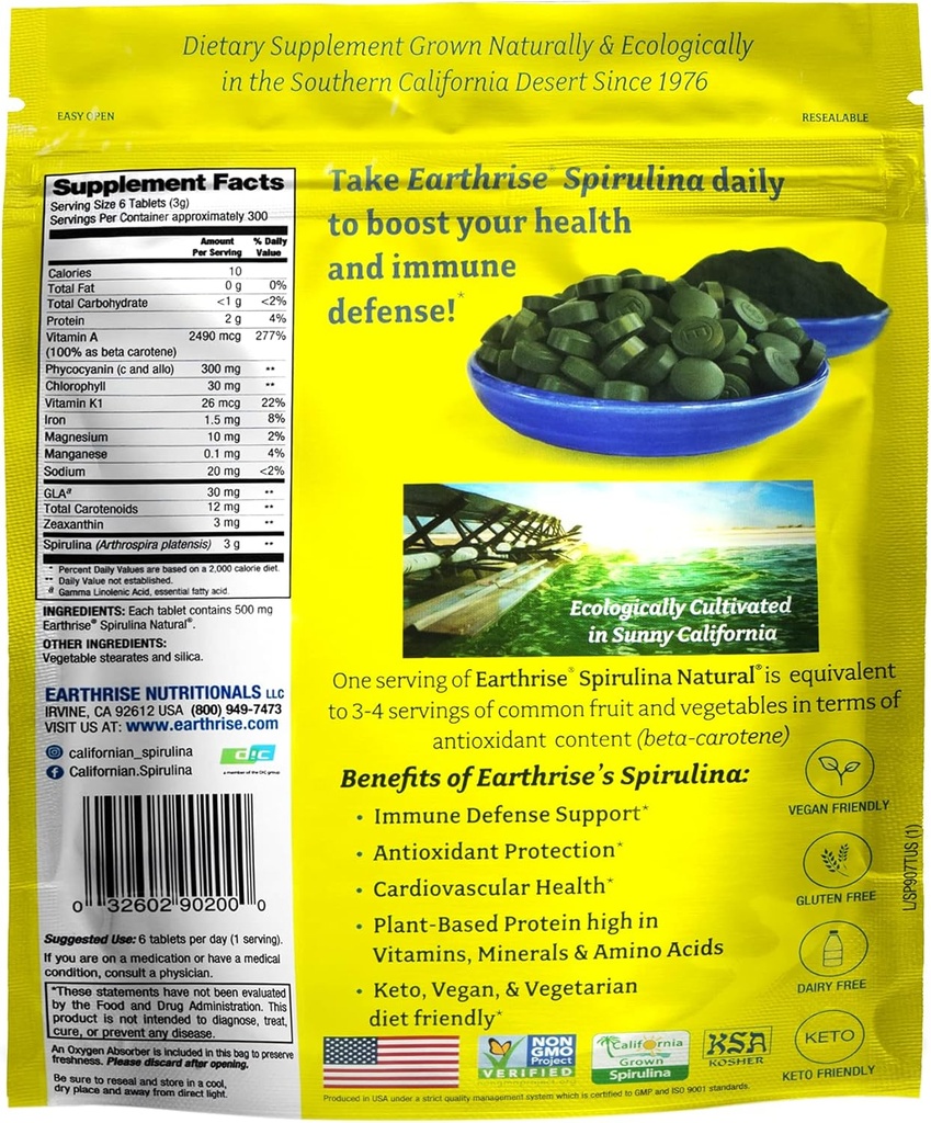 Earthrise Spirulina, Pure Californian Spirulina 500 mg, Vegan, Gluten Free, Keto Friendly, Non -GMO Super Food high in Vitamins & Minerals, 2LB Tablets (300 Serving) 3
