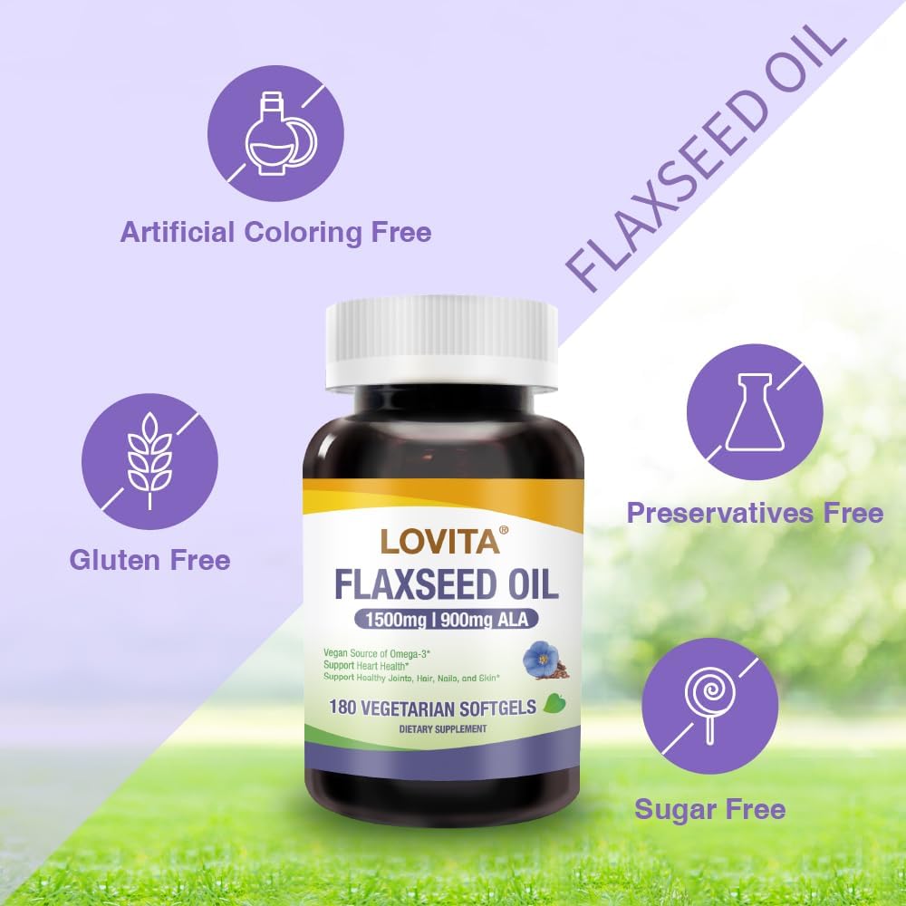Lovita Vegan Flaxseed Oil 1500mg with 900mg ALA Omega-3 6 9, Cold-Pressed Flax Seed Supplement, Support Heart, Brain, Joint & Skin Health, Non-GMO & Gluten Free, 540 Softgels 6