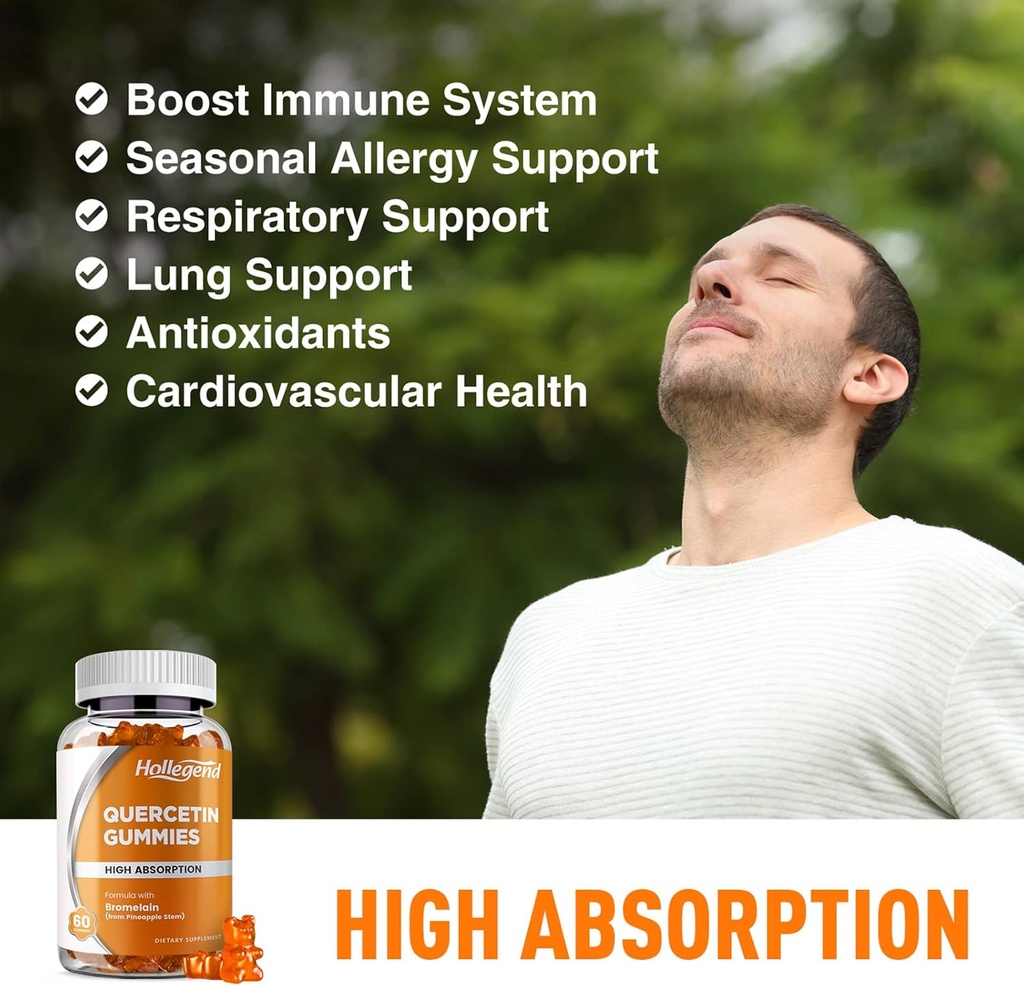 Quercetin with Bromelain Gummies, 1000mg Quercetin Gummies, Adults & Kids Immune Support Gummies, Lung & Respiratory Support, High Absorb, Orange, Low Sugar, Vegan, 60 Count 5