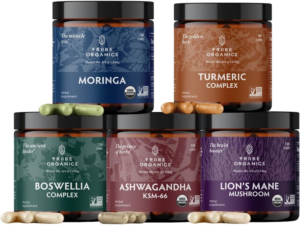 TRIBE ORGANICS Life Mastery Bundle – Organic KSM-66 Ashwagandha + Boswellia Complex + Curcumin C3 Complex + Organic Lions Mane + Organic Moringa 2