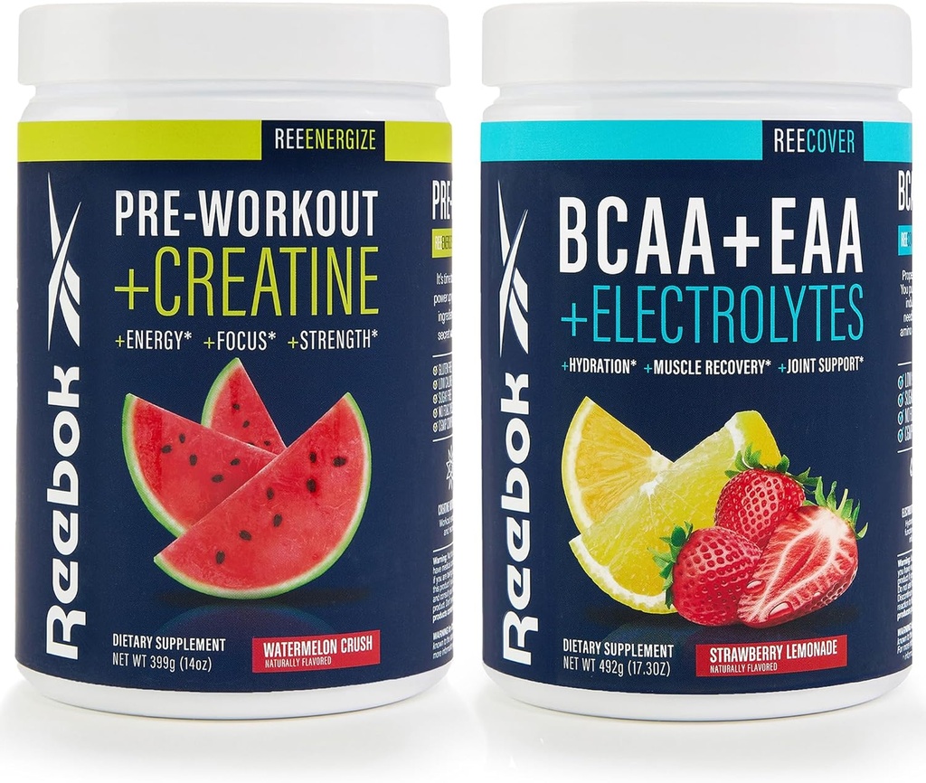 Reebok REEEnergize & REECover Bundle | Pre-Workout + BCAA Recovery System | Watermelon Crush & Strawberry Lemonade | Train & Recover Pack 2