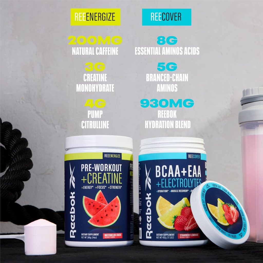 Reebok REEEnergize & REECover Bundle | Pre-Workout + BCAA Recovery System | Watermelon Crush & Strawberry Lemonade | Train & Recover Pack 3