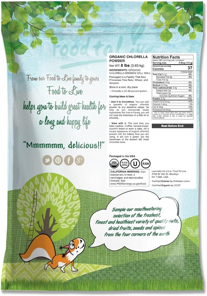 Food to Live Organic Chlorella Powder, 8 Pounds — Non-GMO, Kosher, Raw Green Algae, Vegan Superfood, Bulk, Pure Vegan Green Protein, Rich in Vitamins and Minerals, Great for Drinks, Broken Cell Wall 3