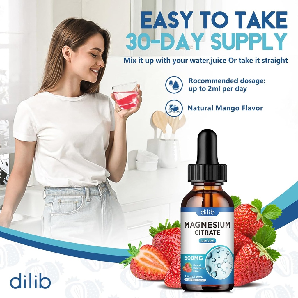 Magnesium Citrate Liquid Magnesium Drops Supplement 500mg-Support Stress Relief, Bone, Muscle, Mood, Sleep-2 Fl Oz, Vegan, Strawberry Flavor 6