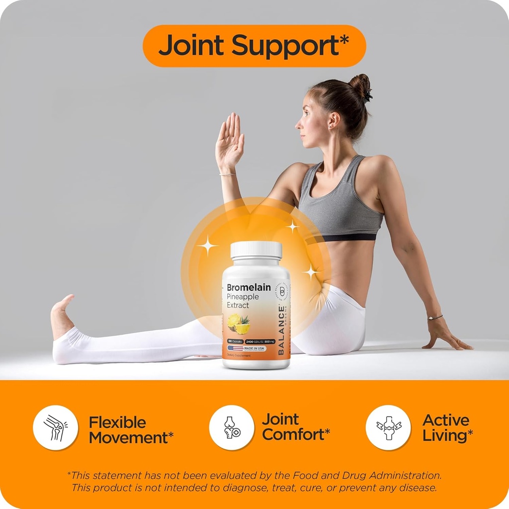 Balancebreens Bromelain 500mg Capsules – 2400 GDU Pineapple Extract Supplement for Joint Support, Natural Swelling Support, and Healthy Digestion – 180 Organic Capsules Made in USA 4