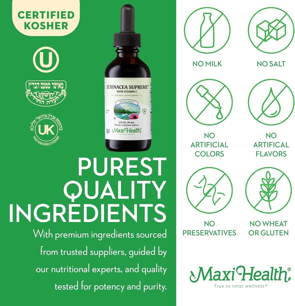 Maxi Health - Organic Echinacea Supreme Liquid Extract with Vitamin C - Immune Support Supplement Echinacea Drops - 1000mg Echinacea Root & Whole Plant Herb Extract - 2 Fl Oz Immune Booster Bottle 6