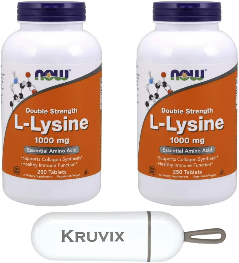 NOW Foods Supplements, L-Lysine (L-Lysine Hydrochloride) 1,000 mg | Double Strength, Amino Acid | 250 Tablets - Pack of 2 with Pill Organizer 2