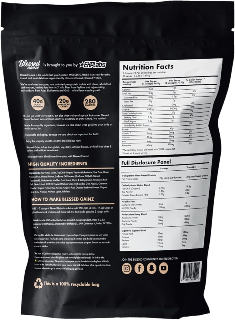 BLESSED Gainz Vegan Protein Powder Mass Gainer - 40g Plant Based Protein Powder - Meal Replacement Shake with Pea Protein Powder - Vegan Protein Shake - 40 Servings (Vanilla Cinnamon Swirl) 3