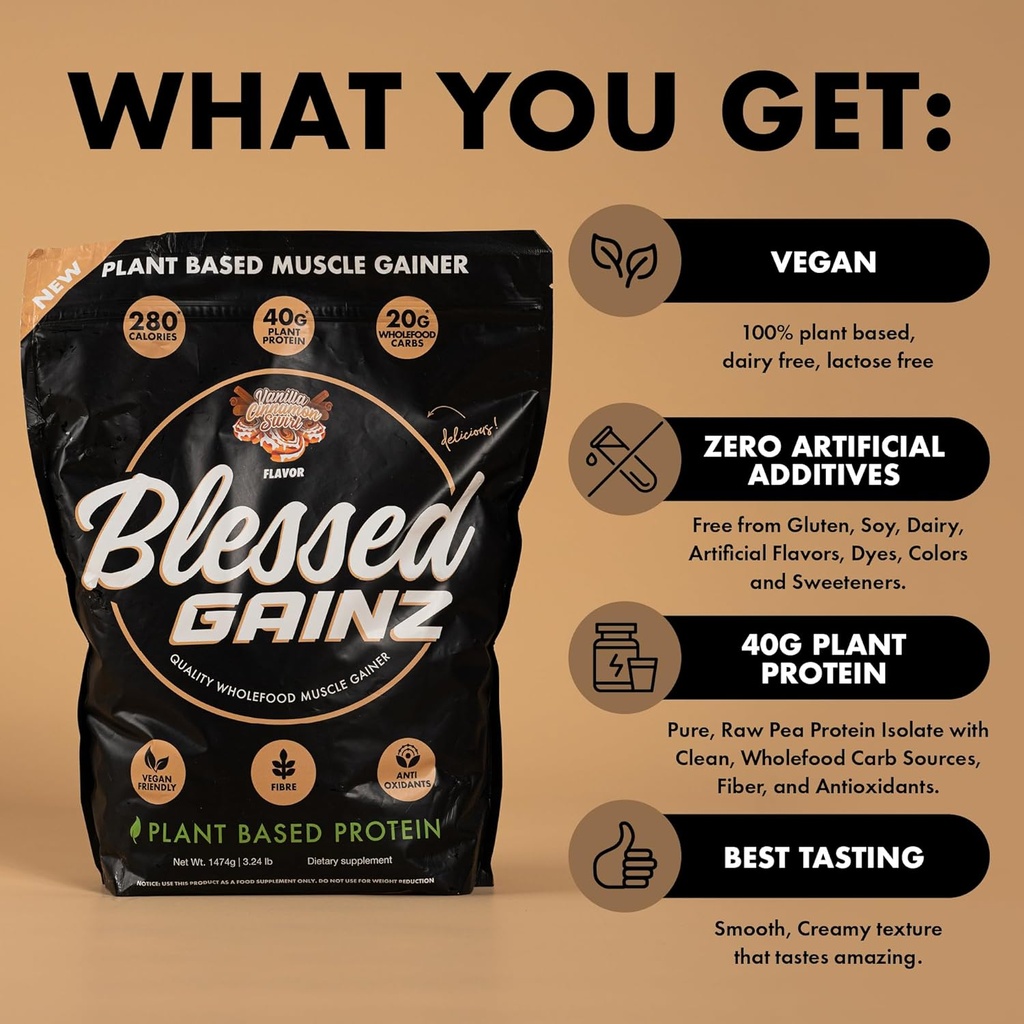 BLESSED Gainz Vegan Protein Powder Mass Gainer - 40g Plant Based Protein Powder - Meal Replacement Shake with Pea Protein Powder - Vegan Protein Shake - 40 Servings (Vanilla Cinnamon Swirl) 4