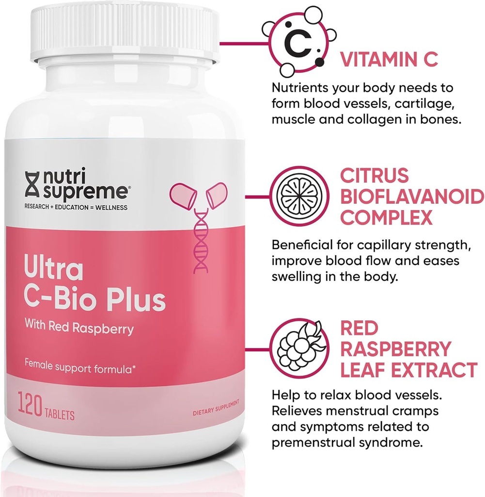 Nutri Suprme Ultra C-Bio Plus, Female Support Formula with Red Raspberry, Vitamin C, and Bioflavonoids , 120 Tablets, Vegetarian, Kosher 4