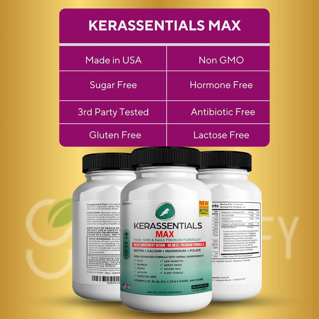 Kerassentials Max - Hair, Skin & Nails Support Supplement | Biotin, Calcium, Magnesium, Folate & Herbal Blend | Premium Formula | 60 Capsules, Vegan & Gluten-Free 6