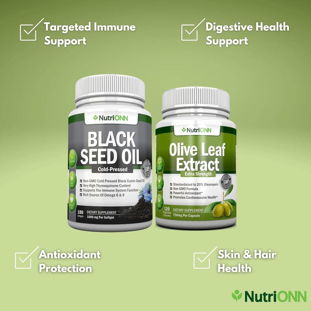 Black Seed Oil Softgels & Olive Leaf Extract Capsules Combo - Targeted Immune Support 3