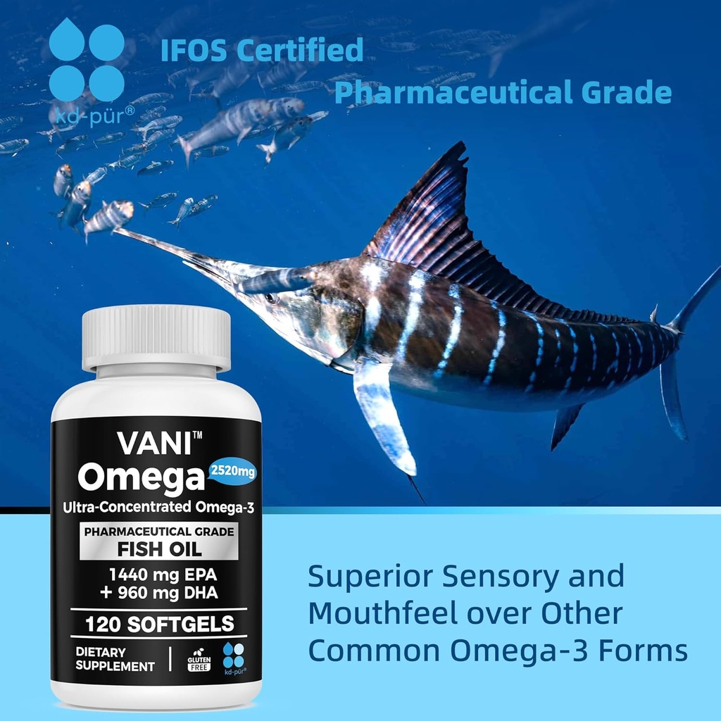 Pharmaceutical Grade Omega 3 Fish Oil, KD-PÜR Premium Germany Fish Oil Supplements 2520mg with EPA & DHA- Supports Brain, Heart & Immunity (120 Softgels) 3