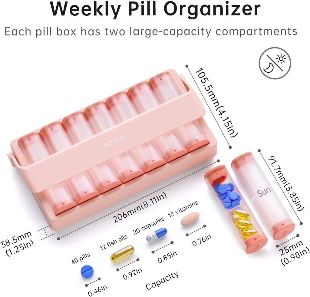 Weekly Pill Organizer 2 Times a Day, KOVIUU Large Travel Pill Box 7 Day, Am Pm Twice Daily Pill Case with Rotatable Handle, Pill Holder Container for Vitamin, Medicine, Supplement, Fish Oil, Pink 3