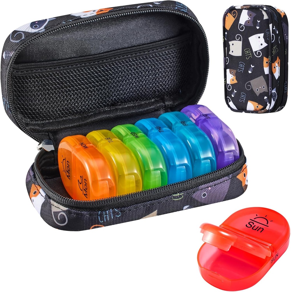 Serfeymi Weekly Travel Pill Organizer 2 Times A Day AM PM Upgraded Rainbow Pill Box 7 Day with Portable Zipper Canvas Pill Case, Medicine Organizer for Pills, Vitamins, Fish Oils - Black 02 2