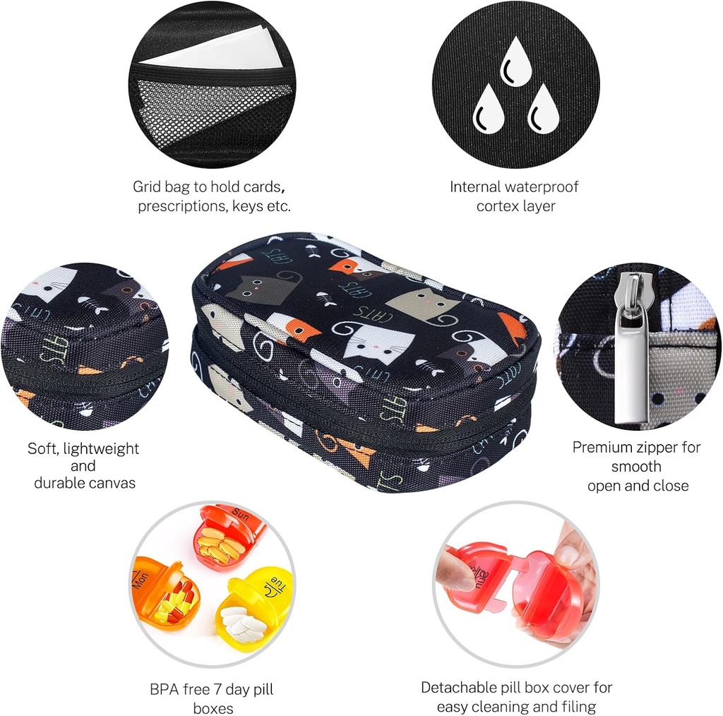 Serfeymi Weekly Travel Pill Organizer 2 Times A Day AM PM Upgraded Rainbow Pill Box 7 Day with Portable Zipper Canvas Pill Case, Medicine Organizer for Pills, Vitamins, Fish Oils - Black 02 4