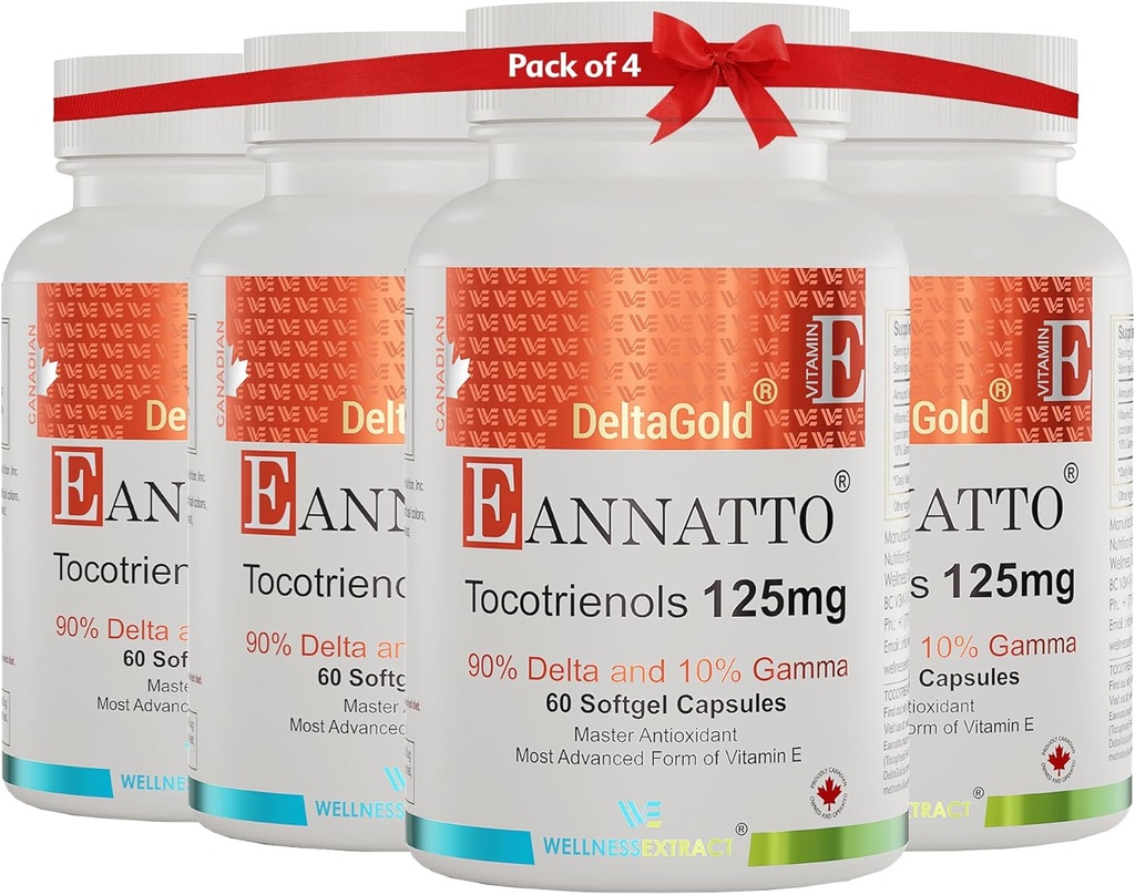 WELLNESS EXTRACT Eannatto Tocotrienols Vitamin E Supplements Tocopherol Free, Non-GMO, Gluten Free & Antioxidant 125MG 60 Softgels (Pack of 4) 2