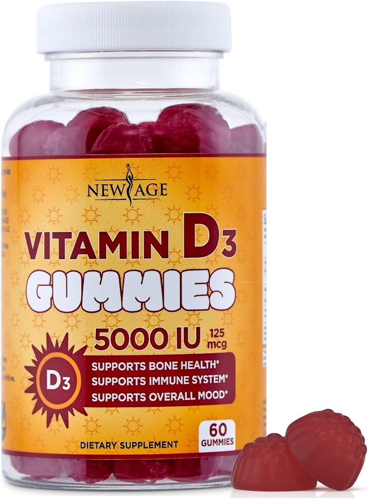 NEW AGE Vitamin D3 5000 IU 125mcg Gummies - Support Immune Support, Strong Bone Health - Non-GMO, Gluten-Free, Dairy-Free, No Gelatin (60 Gummies (Pack of 1)) 2