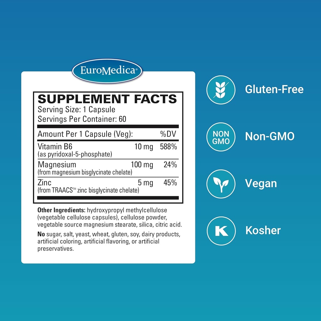 EuroMedica Magnesium + P-5-P - Bone & Heart Health Support Supplement - Dietary Supplement with Vitamin B6, Zinc & Magnesium - Pyridoxal-5-Phosphate Vegan Capsule Supplement - 60 Capsules 3