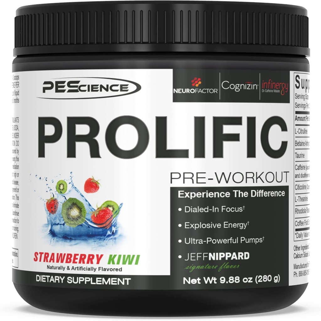 PEScience Prolific Pre Workout Powder, Strawberry Kiwi, 40 Scoop, Energy Supplement with Nitric Oxide 2
