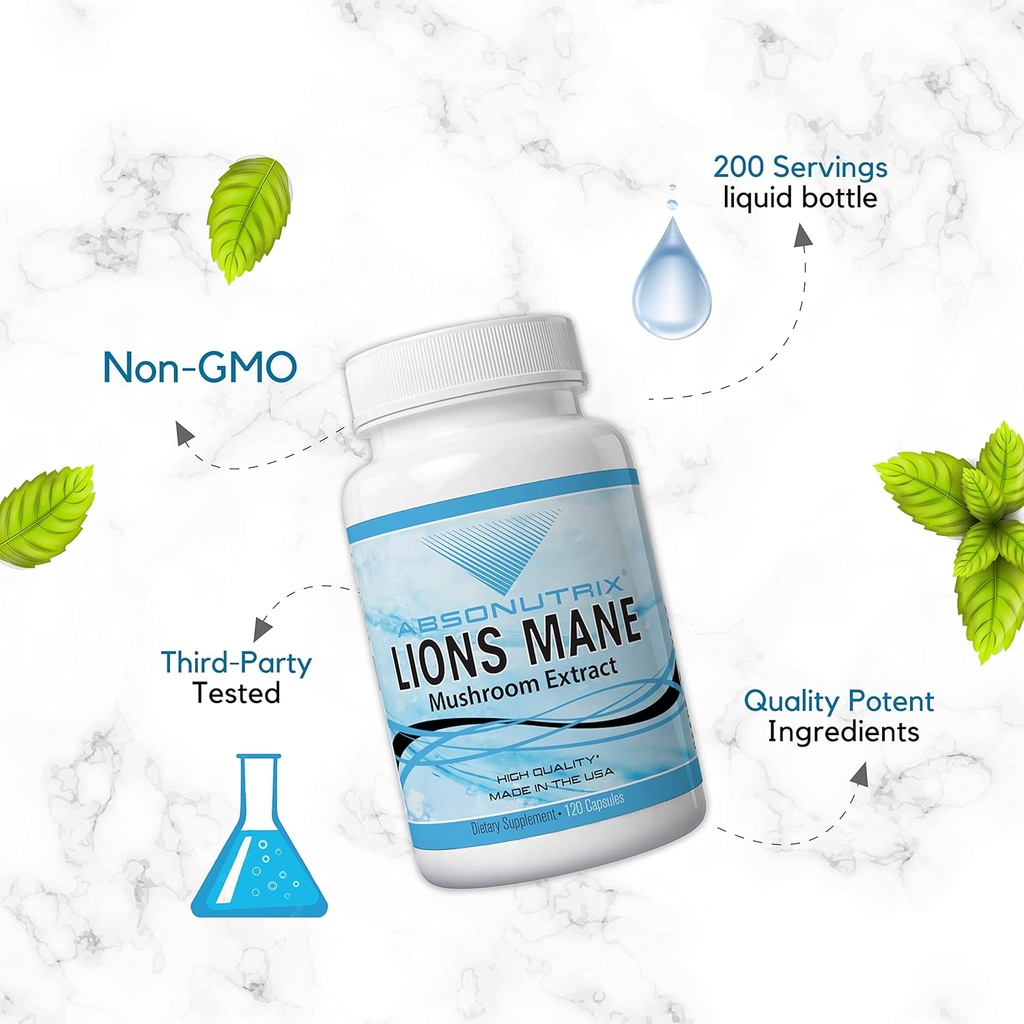 Absonutrix Lion's Mane Mushroom Extract 120 Capsules, Supports Immune System,Helps Improve Cognitive Health, Quality Potent Ingredients, Made in USA, 500 mg per Serving, GMP-Approved 3