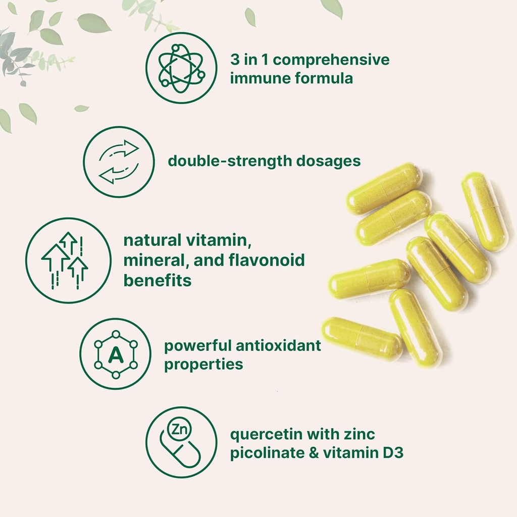 Quercetin Supplements with Zinc & Vitamin D3, 1,000mg Per Serving, 240 Capsules | 3 in 1 – Quercetin 1,000mg, Zinc Picolinate 50mg, & Vitamin D 5,000iu | Immune Support | Non-GMO 4