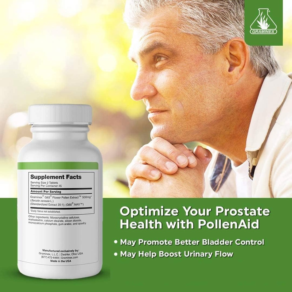 Graminex PollenAid Prostate Supplement: All Natural Prostate Support for Bladder Control & Urinary Tract Health, Rye Pollen Extract Made in USA, 90 Tablets (Pack of 2) 3