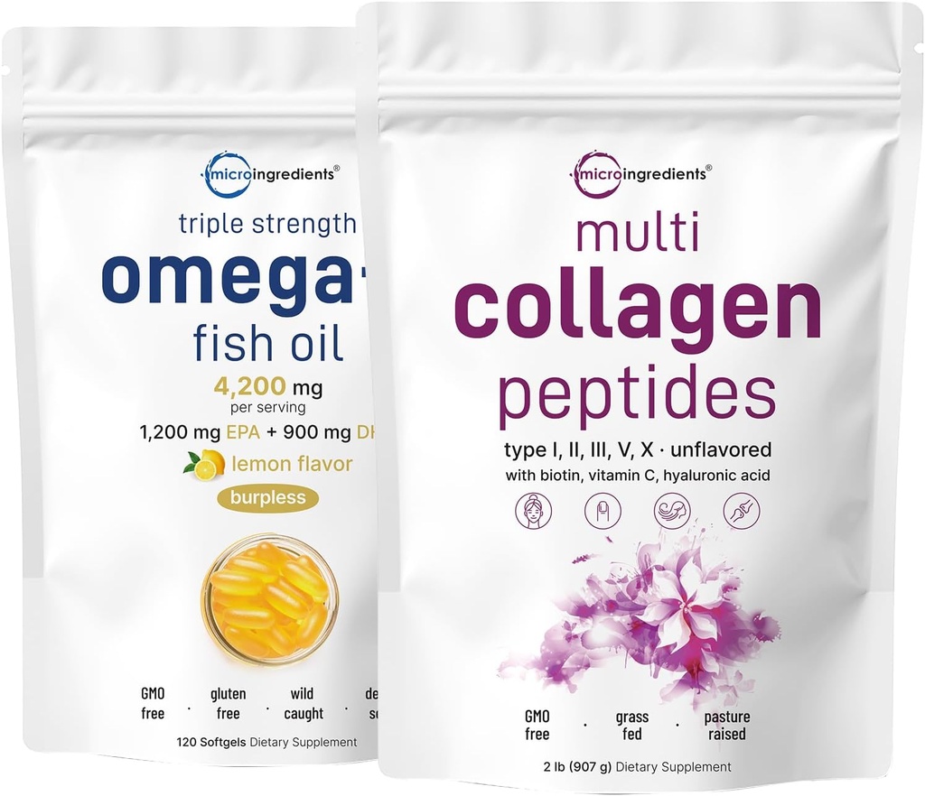 Micro Ingredients Multi Collagen Protein Powder 2 Pounds & Omega-3 Fish Oil 4,200 mg Softgels Bundle 2 Pack | Grass-Fed Collagen Peptides | Wild-Caught Fish, Lemon Flavored, Burpless 2