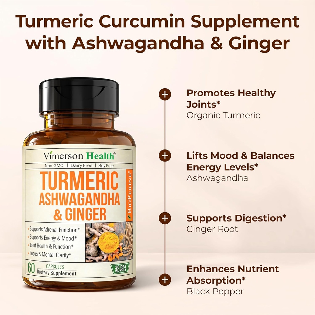 Ashwagandha Turmeric Curcumin Supplement with Ginger - Organic Turmeric Supplement, Curcumin with Black Pepper (95% Curcuminoids), Ginger Root for Joint Health, Energy & Immune Support. 2 Pack 6
