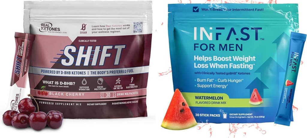 Real Ketones Intermittent Fasting Drink Mix Bundle for Weight Loss Support Black Cherry Shift Electrolytes & Intermittent Fasting Electrolytes for Men with BHB Exogenous Ketones (30 Count Each) 2