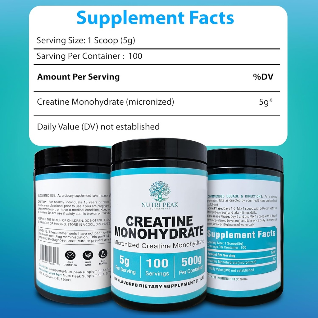 Creatine Monohydrate Micronized Powder Unflavored 500G, 5000mg Per Serv (5g), 100 Servings 3