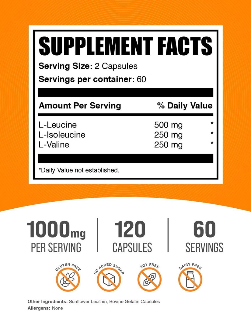 BulkSupplements.com BCAA 2:1:1 Capsules - Branched Chain Amino Acids, BCAA Supplements, BCAA Capsules - BCAA 1000mg, BCAA Pills - Gluten Free - 2 Capsules for Serving, 120 Capsules 3