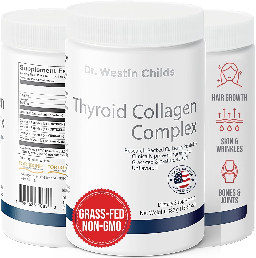 Dr. Westin Childs - Thyroid Collagen Complex, Patented Peptides Protein Powder - Hyaluronic Acid & Vitamin C for Thyroid, Hair, Skin, Nails, Joints, & Digestion Support, Grass-fed, Unflavored, 13.6oz 2