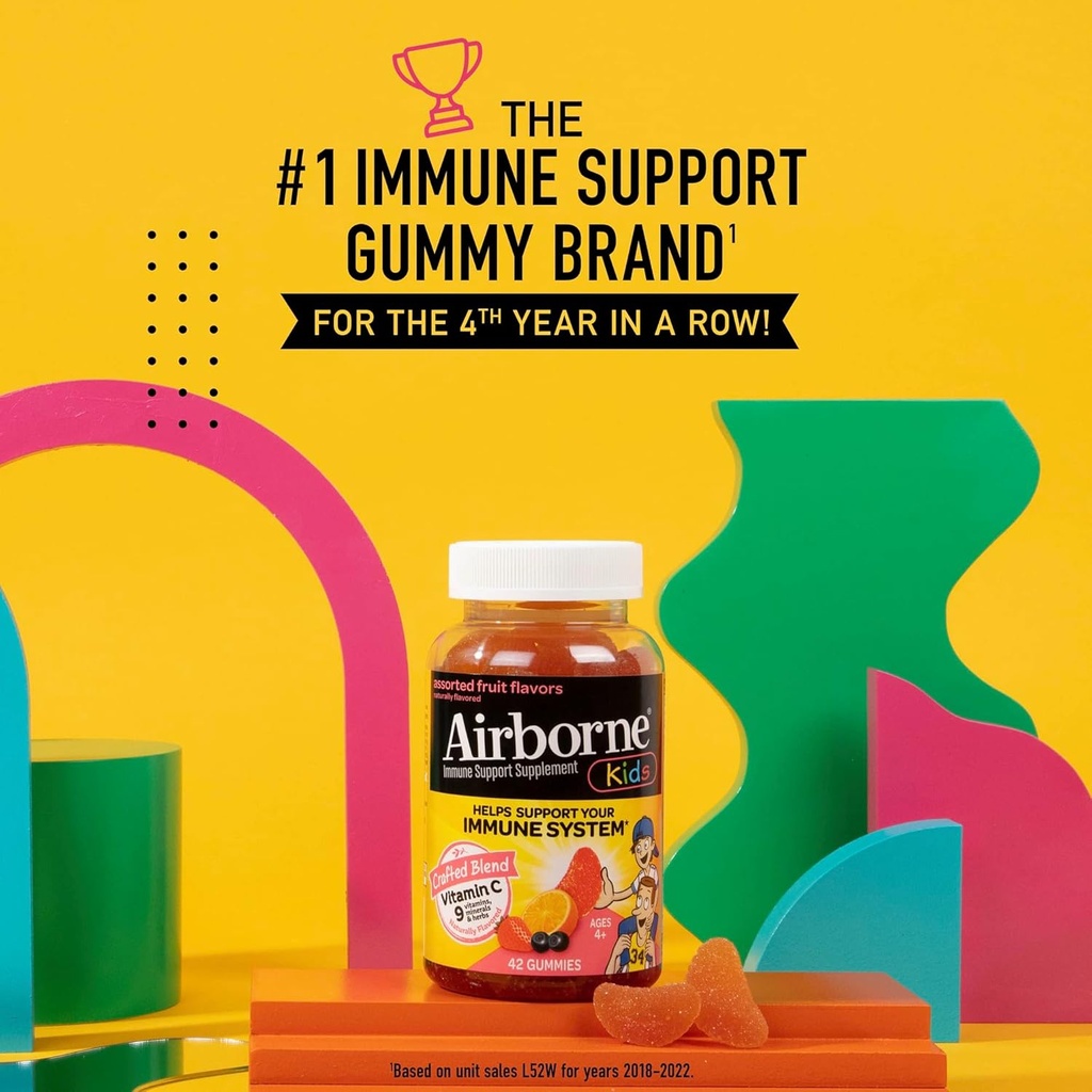 Airborne Vitamin C 500mg (per Serving) Kids Assorted Fruit Flavored Gummies (42 Count in a Bottle), Gluten-Free Immune Support Supplement with Vitamins A C E, Selenium, Echinacea & Ginger 3