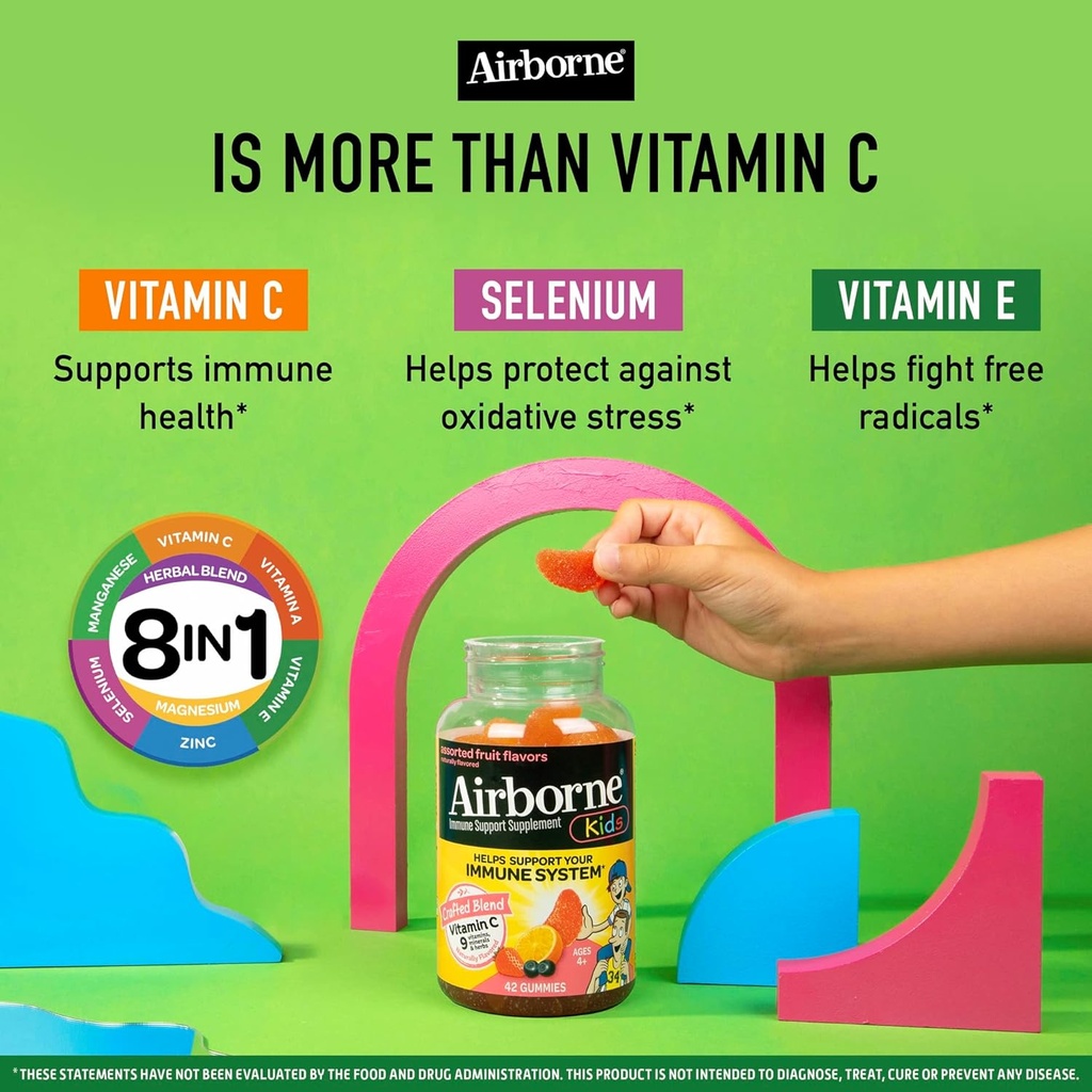 Airborne Vitamin C 500mg (per Serving) Kids Assorted Fruit Flavored Gummies (42 Count in a Bottle), Gluten-Free Immune Support Supplement with Vitamins A C E, Selenium, Echinacea & Ginger 5