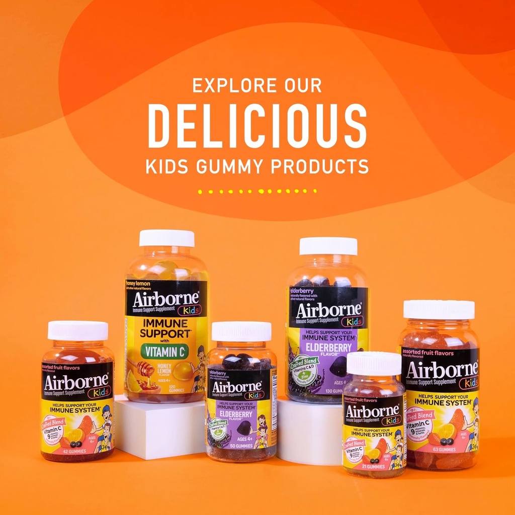 Airborne Vitamin C 500mg (per Serving) Kids Assorted Fruit Flavored Gummies (42 Count in a Bottle), Gluten-Free Immune Support Supplement with Vitamins A C E, Selenium, Echinacea & Ginger 6
