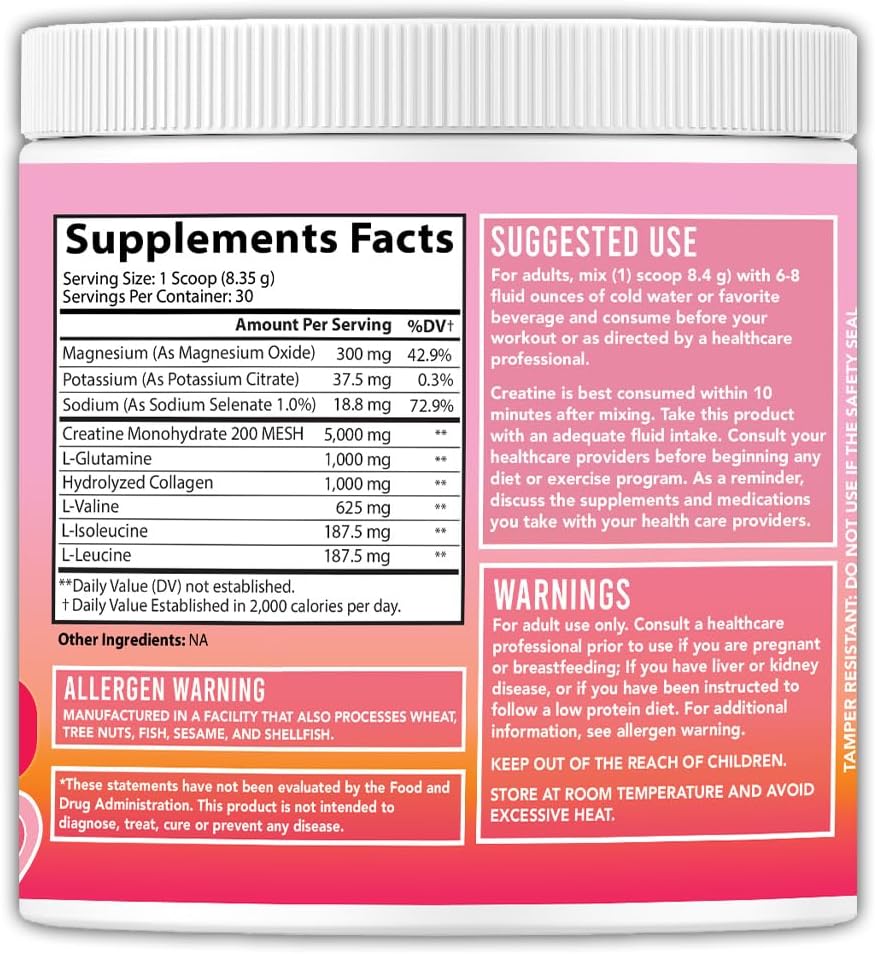 Creatine Monohydrate Powder for Women, Complex w. 5G Creatina per Serving + Glutamine, Collagen, BCAAs & Hydration Blend Energy, Muscle + Glute Builder, Unflavored 2-Pack (60 Servings) 5