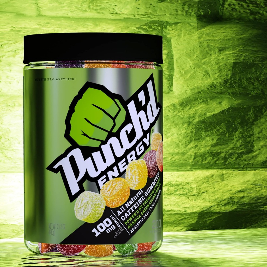 Punch'd Energy Natural Caffeine Gummies (200 Count Value Jar) 100mg of Caffeine per 10 Gummies, Clean Label, Ultra Low Glycemic, Low Calorie, Vitamin C 5