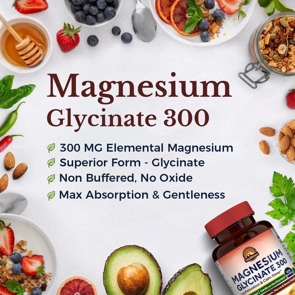 Vitalitown Magnesium Glycinate | Chelated, Non Buffered 300mg Elemental Magnesium | Most Bioavailable, Fully Reacted | Bone, Muscle, Calm, Sleep, Heart Healths | 90 Tablets, Non-GMO 4