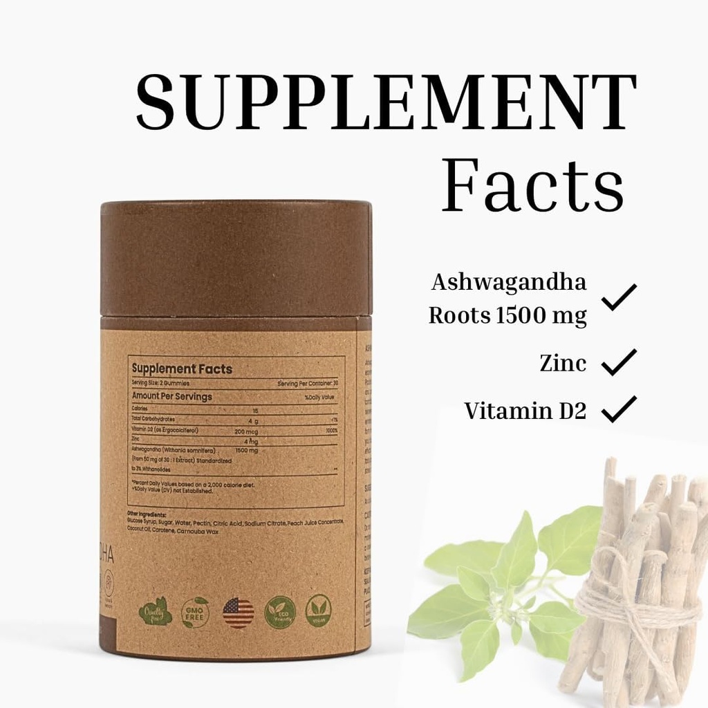 Ashwagandha 1500mg + Zinc, Vitamin D2 Vegan Gummies (Ashwagandha Roots) 5