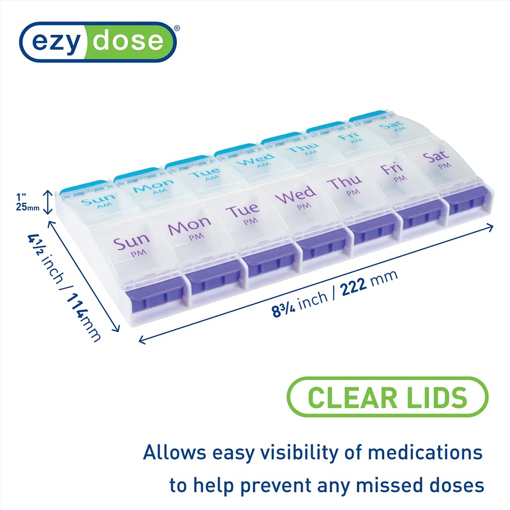 EZY DOSE Push Button (7-Day) Pill Case, Medicine Planner, Daily Vitamin Organizer, 2 Times a Day AM/PM, X-Large Compartments, Arthritis Friendly, Easy to use, Clear Lids, Purple and Blue, BPA Free 3