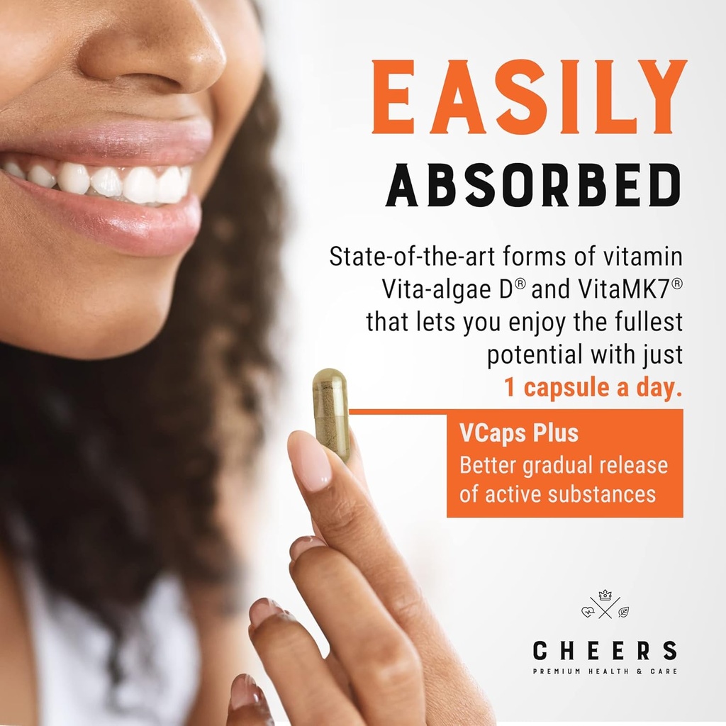 CHEERS Vitamin D3 K2 Supplement | 2000 IU Algae-D3 + 133% Daily Intake K2 MK-7 | Science-Backed Vita-Algae D® & VitaMK7® | Vegan, Non-GMO | No Fillers, Additives or Preservatives | 60 Capsules 6