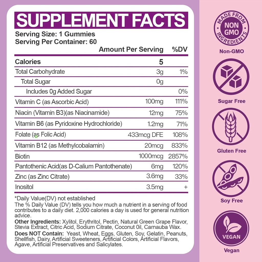 Sugar-Free Vitamin B Complex Gummies for Women - Vegan b Vitamins Complex with Methyl B12, Methyl Folate - Plus Vitamin C, Zinc, Inositol - Supports Energy, Immune, Healthy Hair, Skin (120 Count) 3