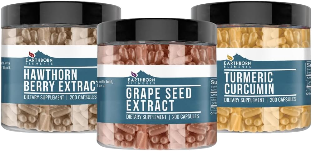 Earthborn Elements Grape Seed, Hawthorn Berry, & Turmeric Curcumin Capsule Bundle (200 Capsules Each), Pure & Undiluted, No Additives 2