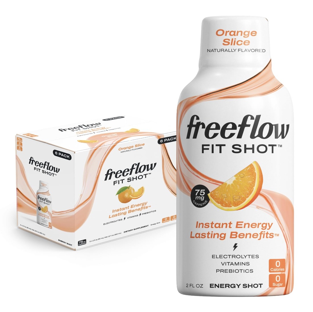Freeflow Fit Energy Shots, Orange Slice, Natural Caffeine Boost with L-theanine, Ginseng, Vitamins, Prebiotics, Electrolytes (6 Count, 2oz Shots) 2
