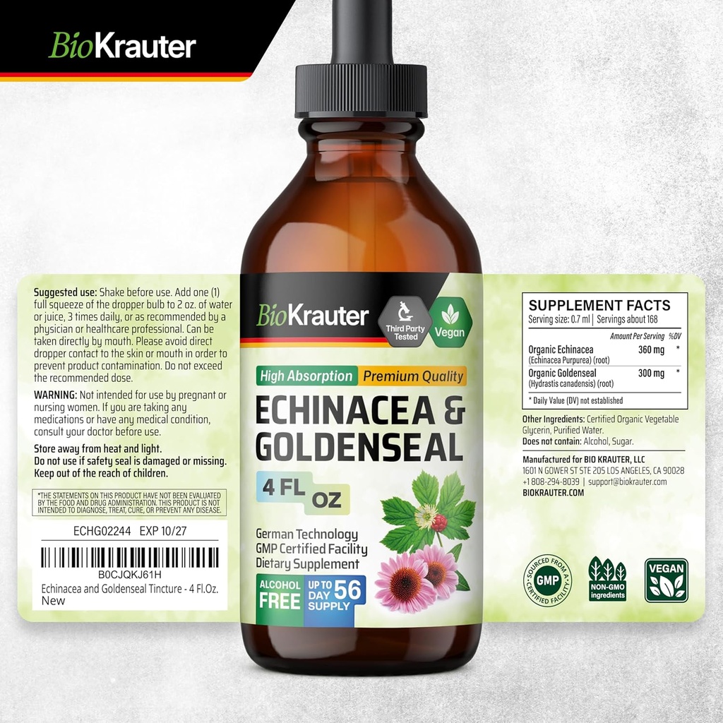 BIO KRAUTER Echinacea with Goldenseal Tincture 4 Fl. Oz. & Olive Leaf Tincture 4 Fl. Oz. 6