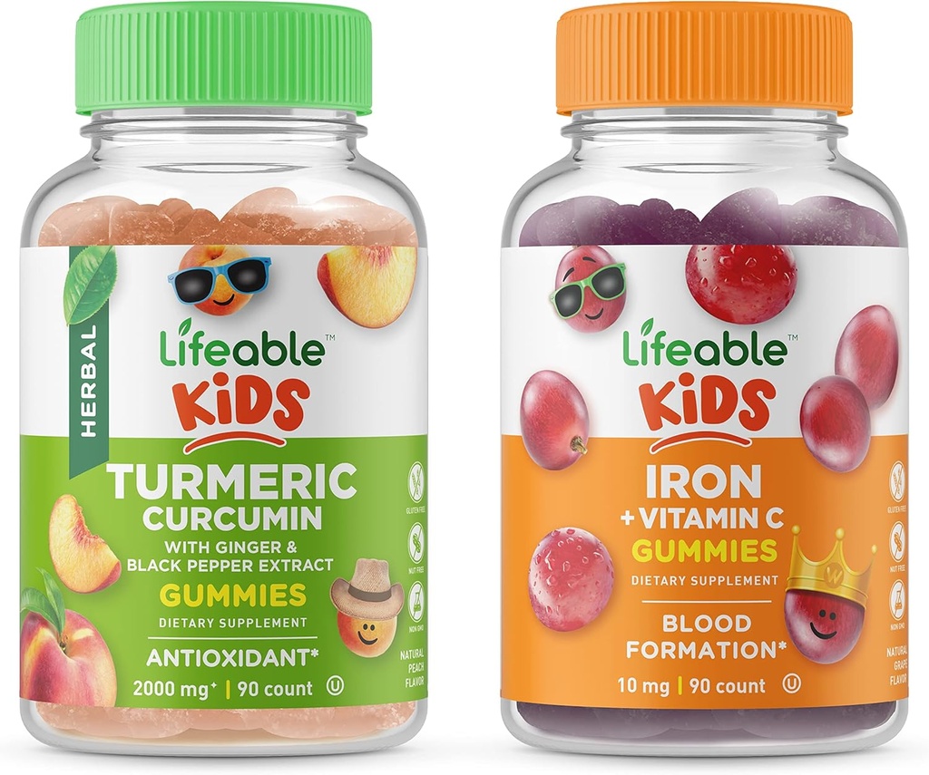 Lifeable Turmeric Curcumin Kids + Iron & Vitamin C Kids, Gummies Bundle - Great Tasting, Vitamin Supplement, Gluten Free, GMO Free, Chewable Gummy 2